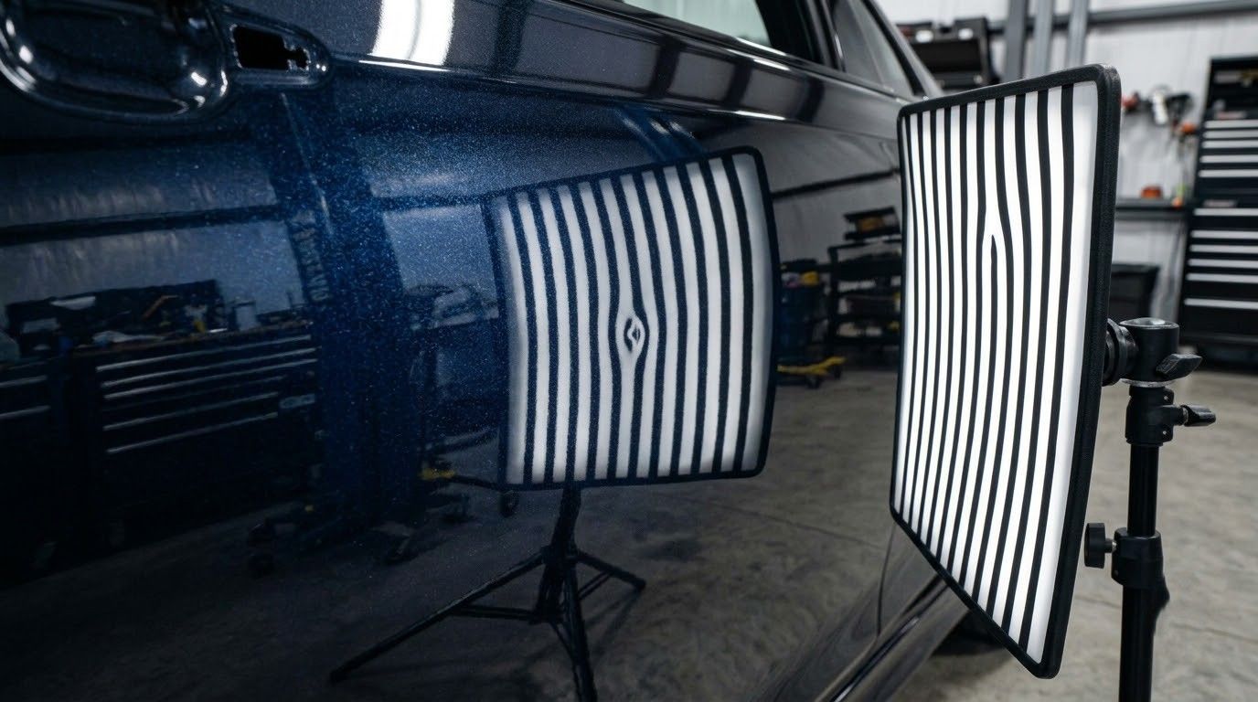 Two striped studio lights on stands beside a glossy black car in a garage