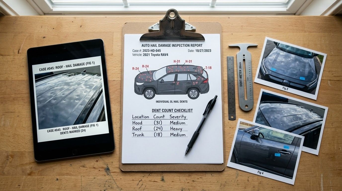 Clipboard with car sketch and notes, tablet, pen, and two printed car photos on a wooden desk.