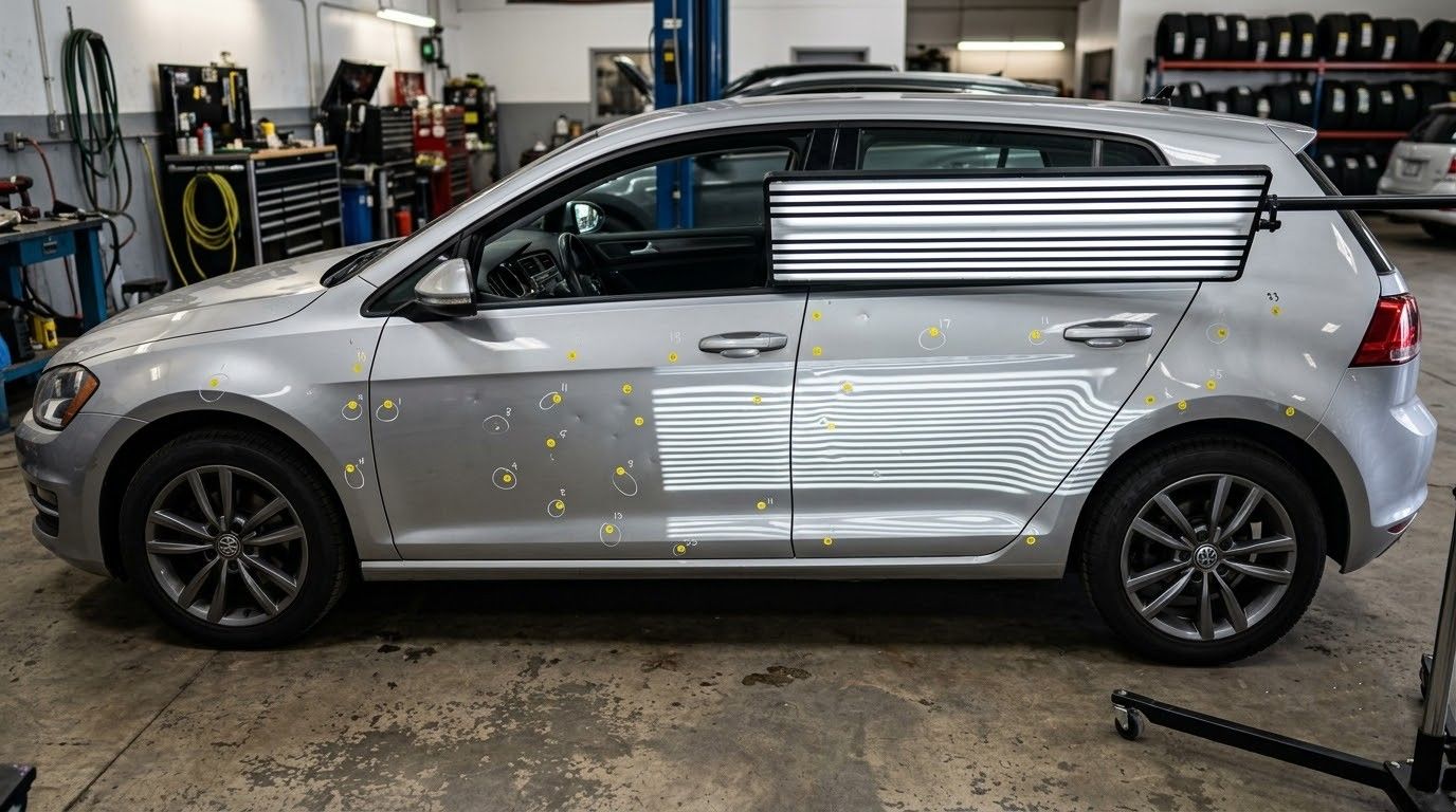 Silver hatchback car in a garage with side windows covered in blinds or louvers and yellow inspection markings on the door