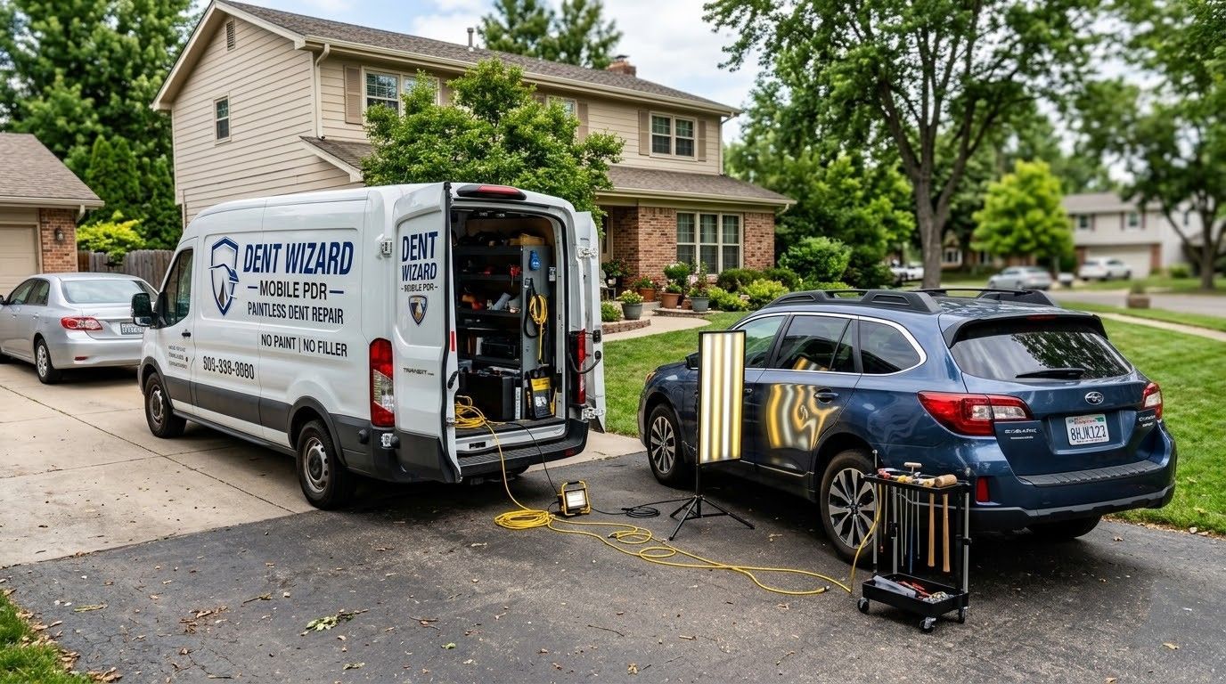 Workers load gear into a van beside a blue car in a suburban driveway