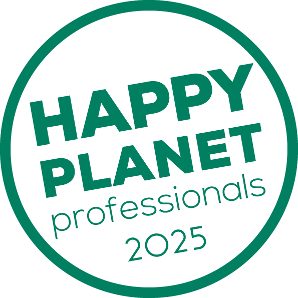Certificaat voor happy planet professionals 2025 in groen en wit.