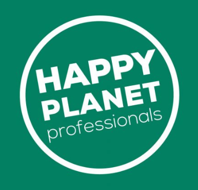 Een groen en wit logo voor happy planet professionals