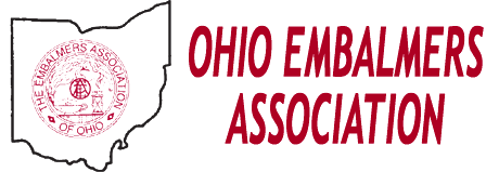 Logo for Ohio Embalmers Association with the Ohio outline and text in red.