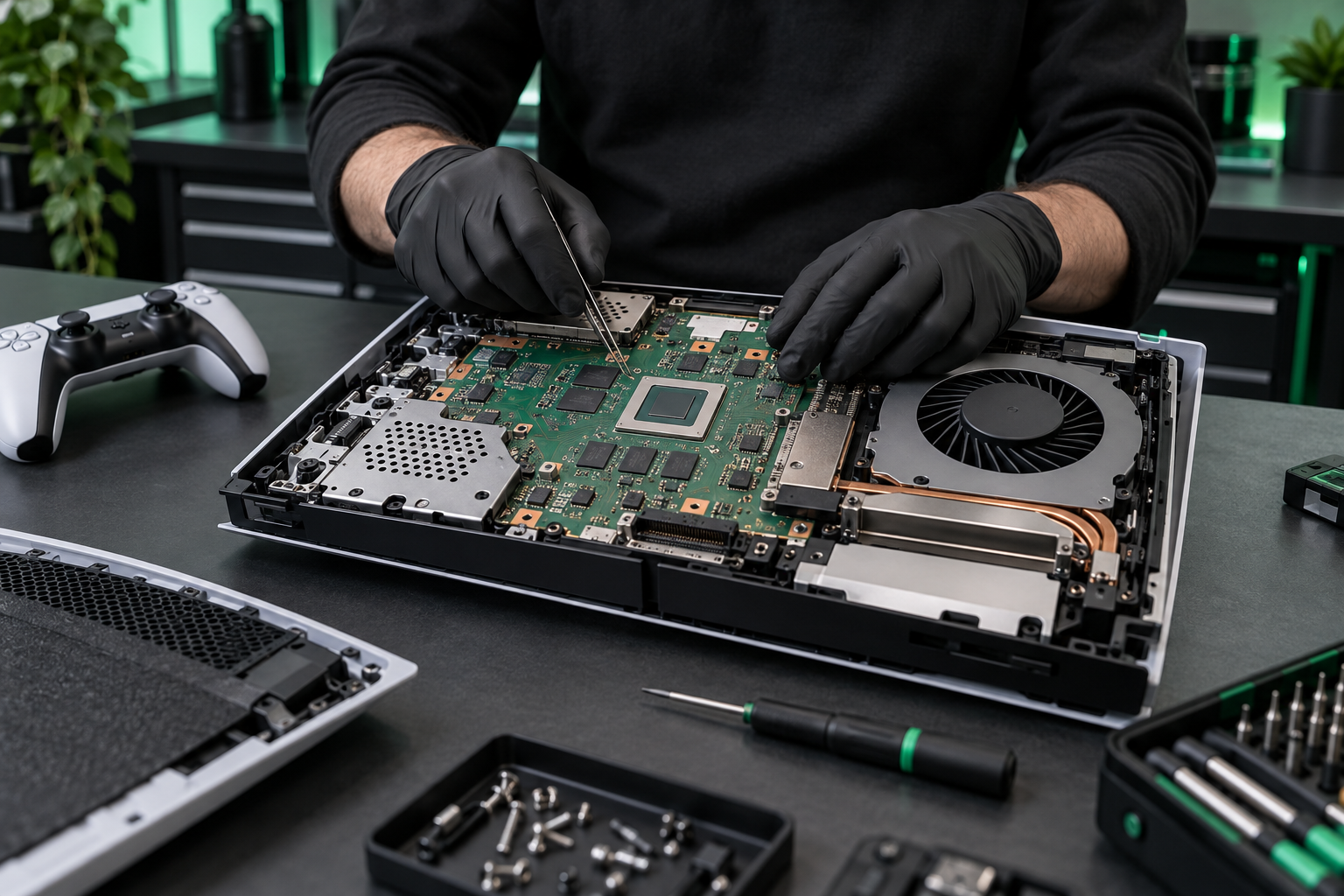 Inspección técnica de una consola de videojuegos abierta