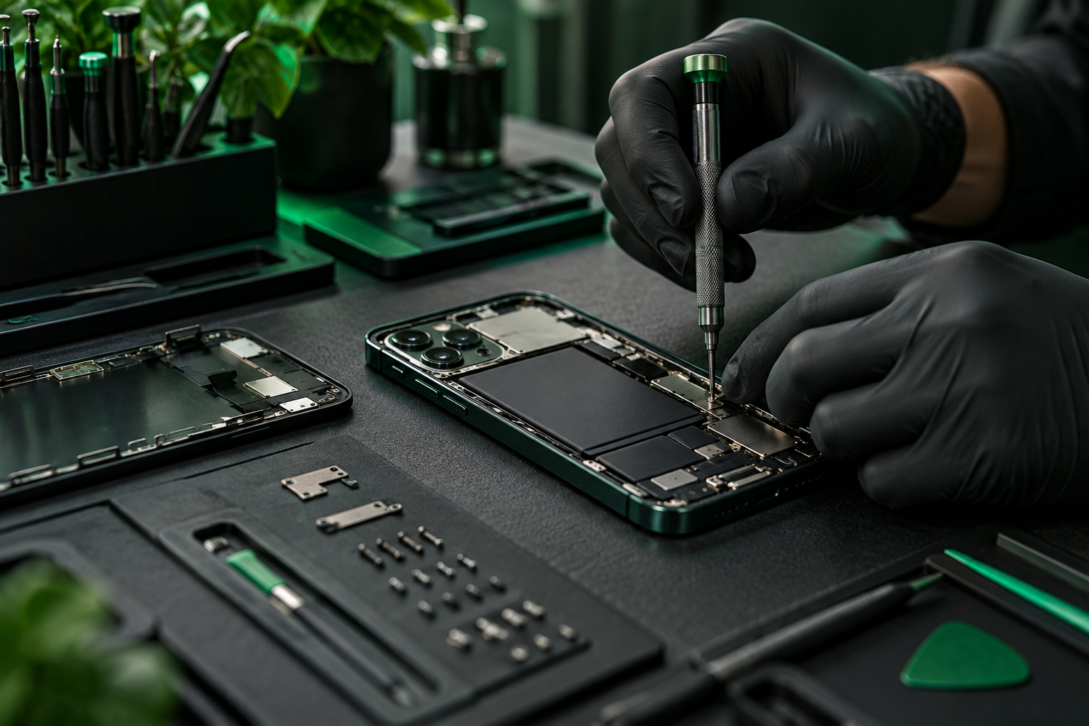 Reparación de un teléfono móvil con herramientas de precisión