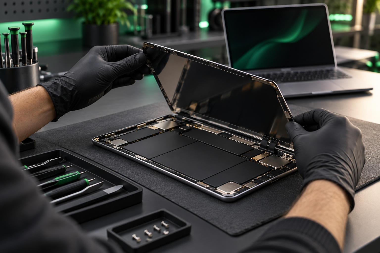 Reparación de la pantalla de una tablet en un banco de trabajo