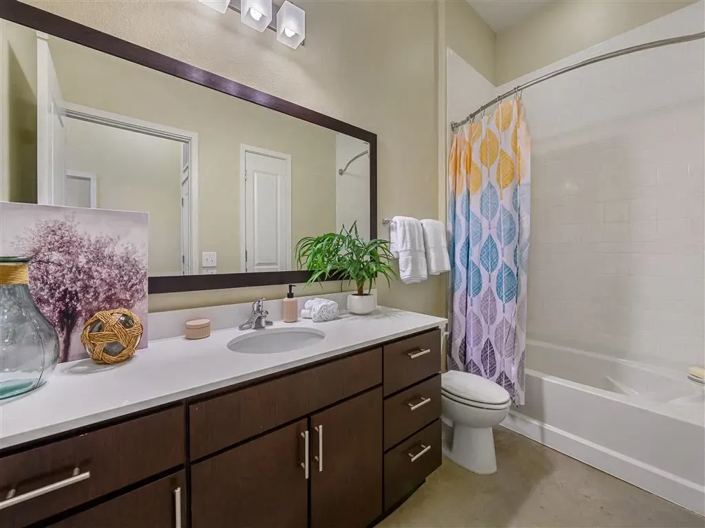 Modern bathroom with a large vanity, white countertop, and dark wood cabinets. Features a white toilet and a bathtub with a decorative shower curtain.