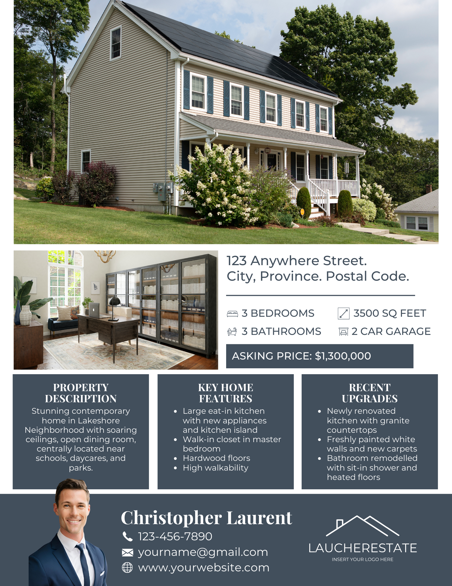 A real estate flyer with a picture of a house and a man in a suit and tie.