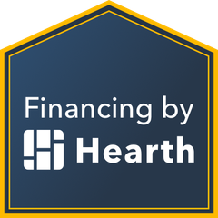 Financing by Hearth logo on a dark blue house-shaped badge with gold trim