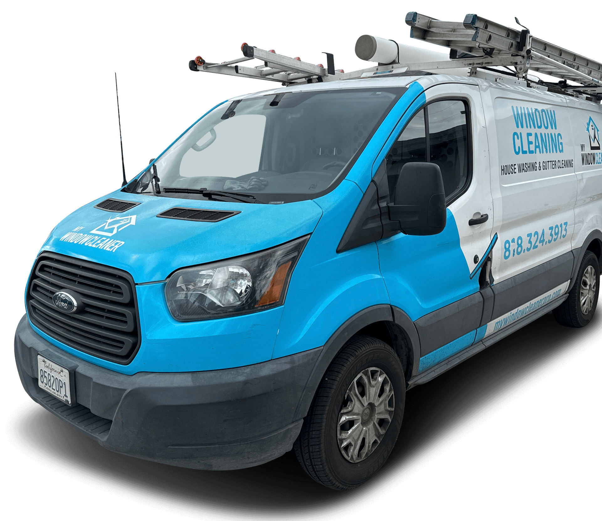 a blue and white van with a ladder on top of it .