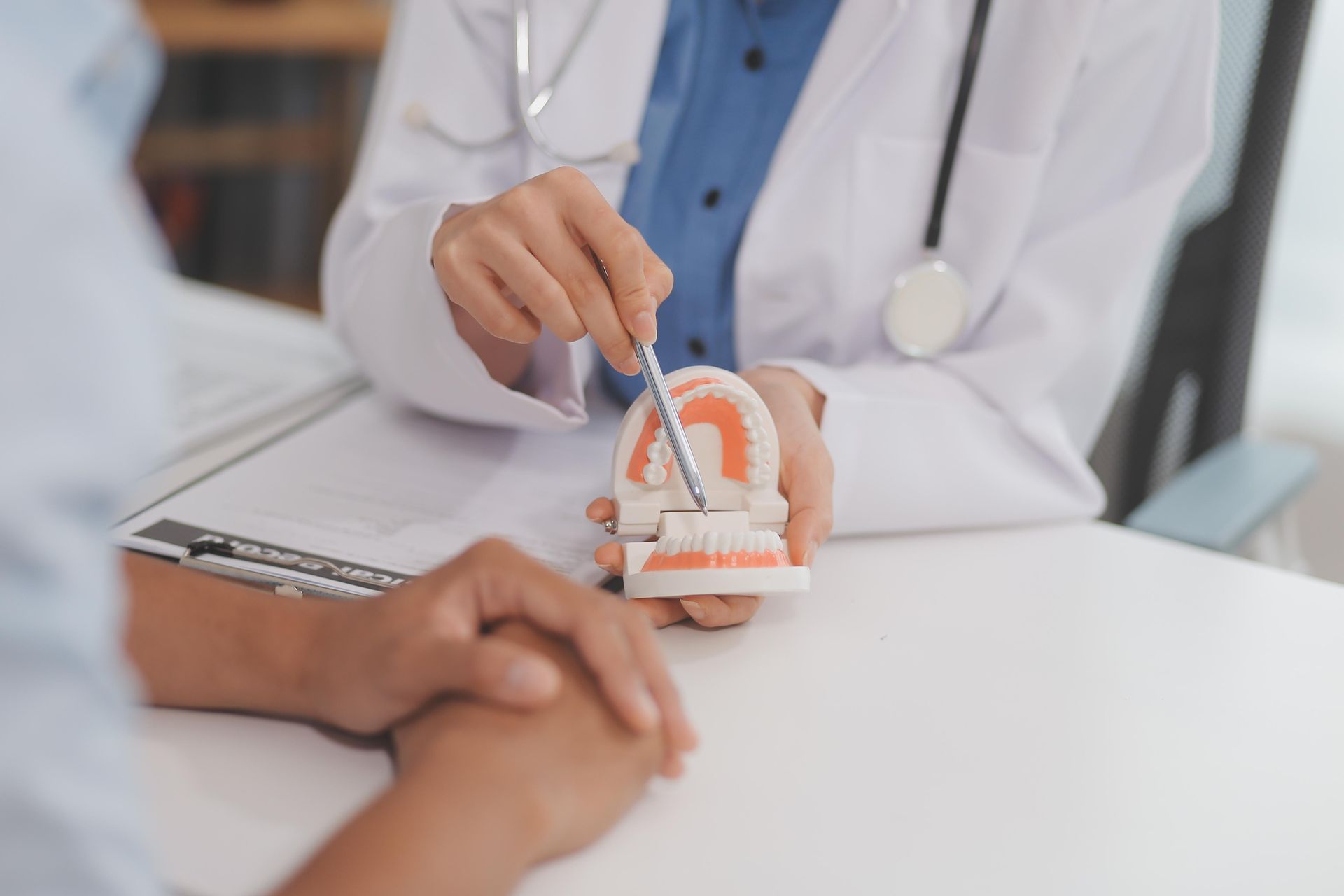 A dentist is showing a model of teeth to a patient.