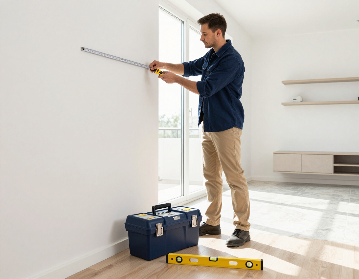Handyman measuring a wall before installing shelves