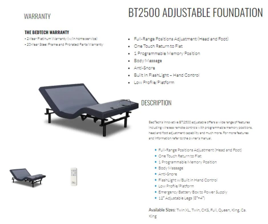 BT2500 Adjustable Foundation BT2500 Adjustable Foundation