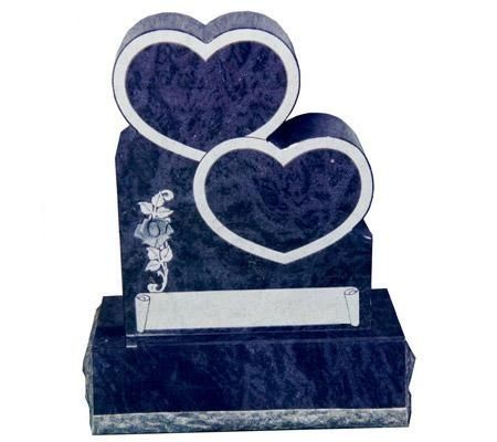 Dark blue granite headstone with two hearts, a rose, and a scroll for text.