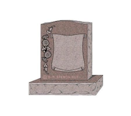 Tombstone with scroll and floral design, likely for memorializing a person. Brown-gray color.