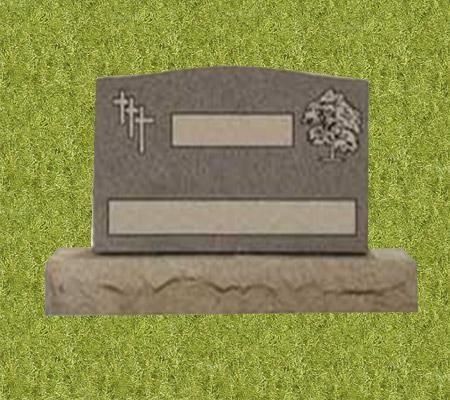Gravestone with three crosses, a tree, and two blank rectangular spaces against a green background.