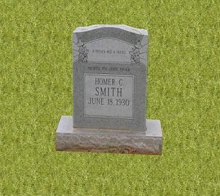 Gray headstone on a stone base, text