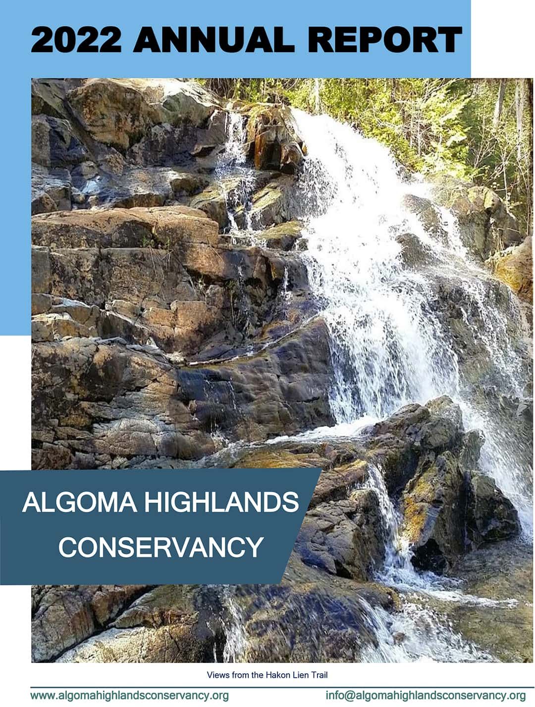 2022 Algoma Highlands Conservancy annual report cover featuring a waterfall over rocks