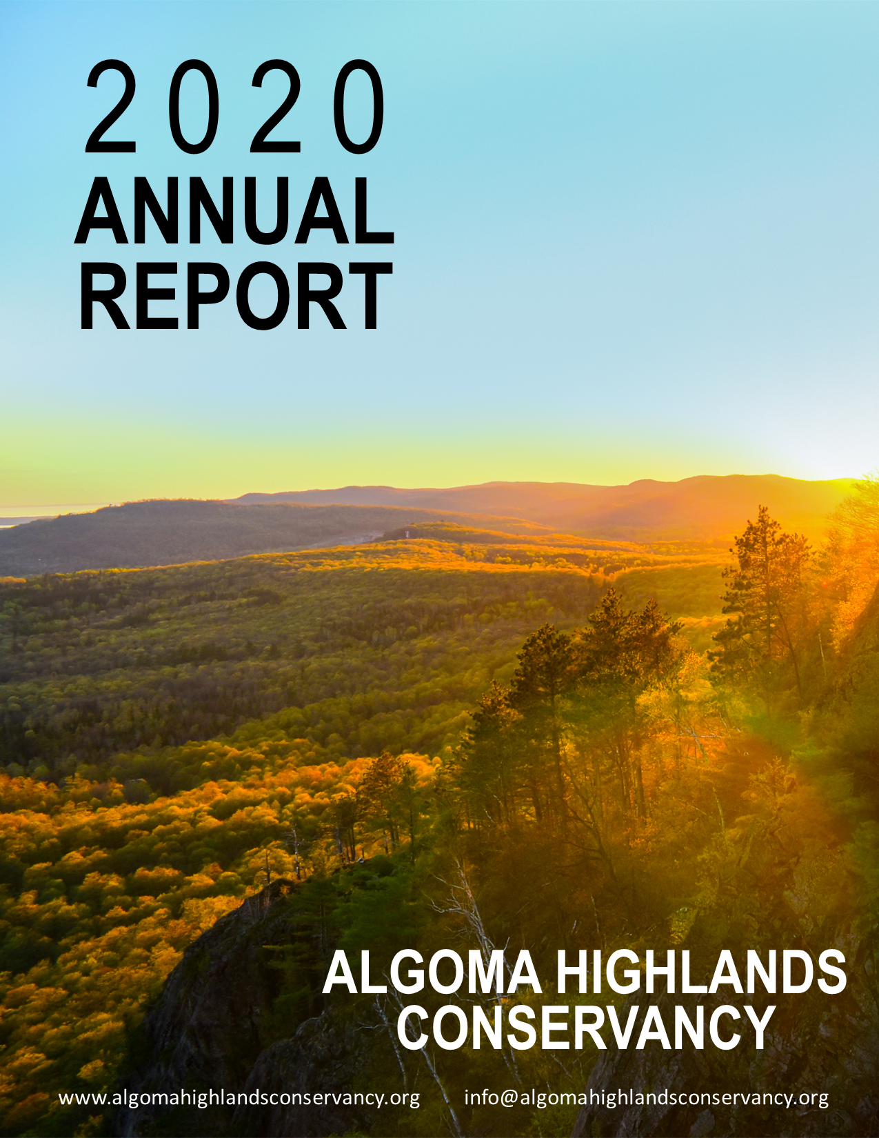 2020 annual report cover for Algoma Highlands Conservancy, with sunrise over a forested landscape