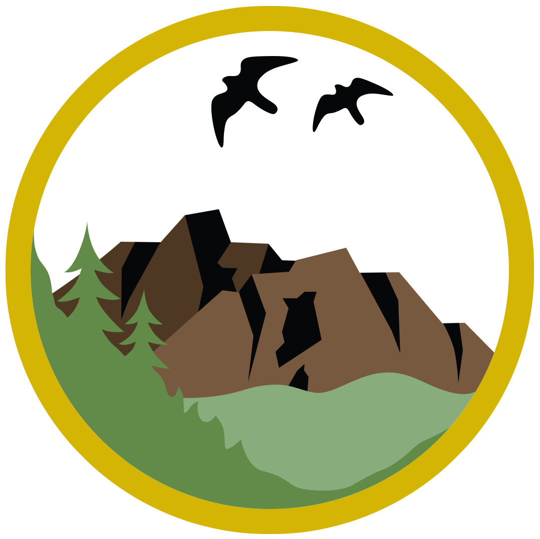 Circular badge with mountains, two birds, and evergreen trees, outlined in gold.