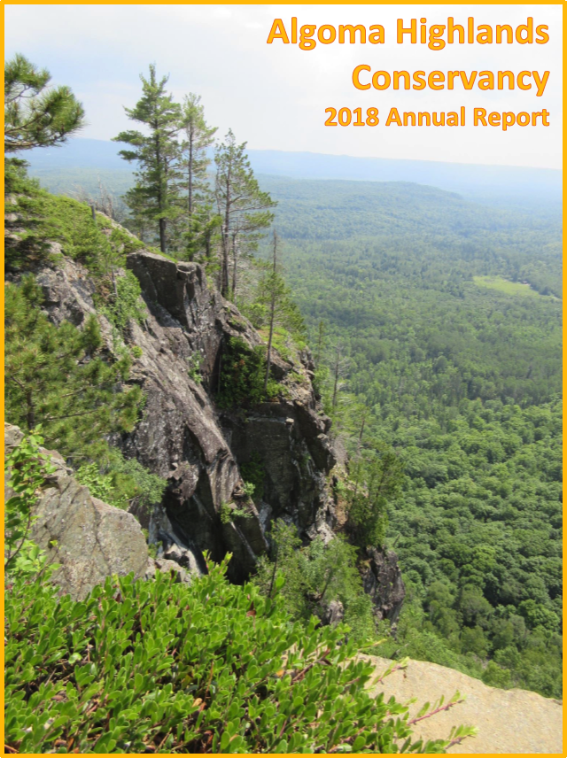 Algoma Highlands Conservancy 2018 annual report cover showing a rocky cliff above a forested valley