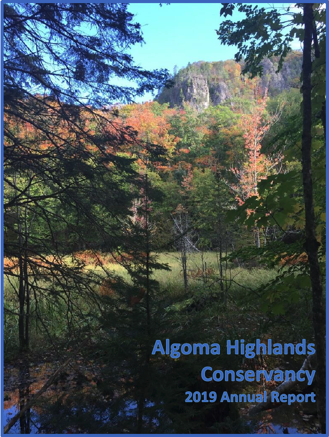 Algoma Highlands Conservancy 2019 annual report cover with forested cliffs and autumn foliage
