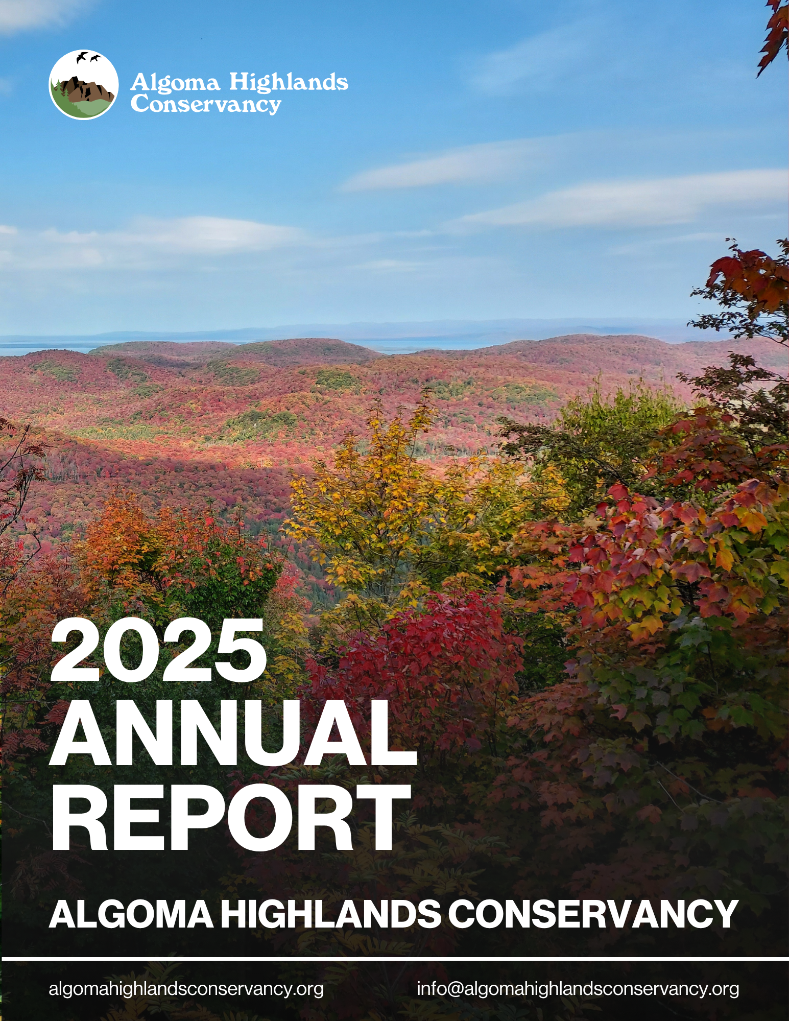 Algoma Highlands Conservancy 2025 annual report cover with autumn forest and hills under a blue sky