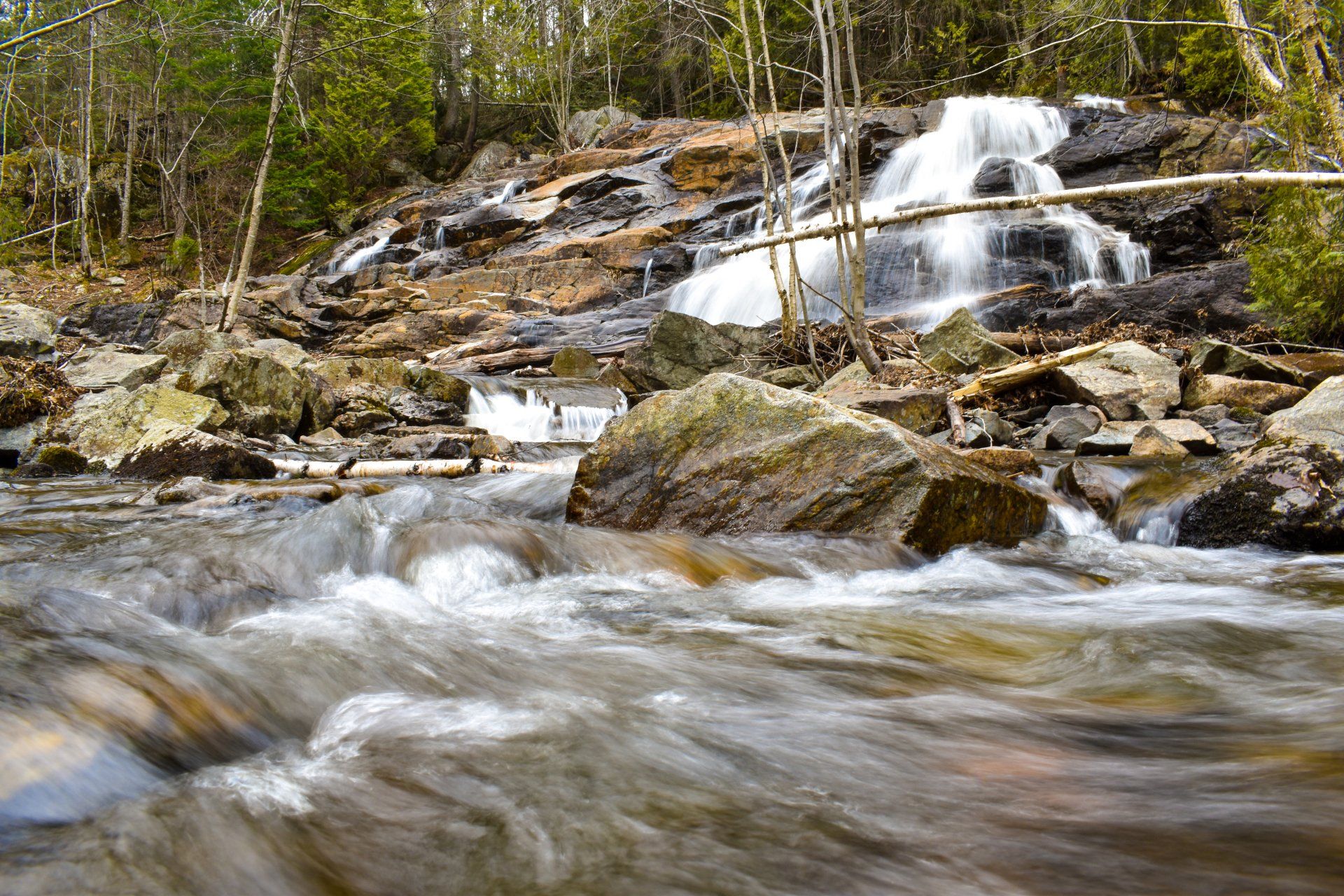 Waterfall cascading over rocks into a flowing stream, surrounded by trees.