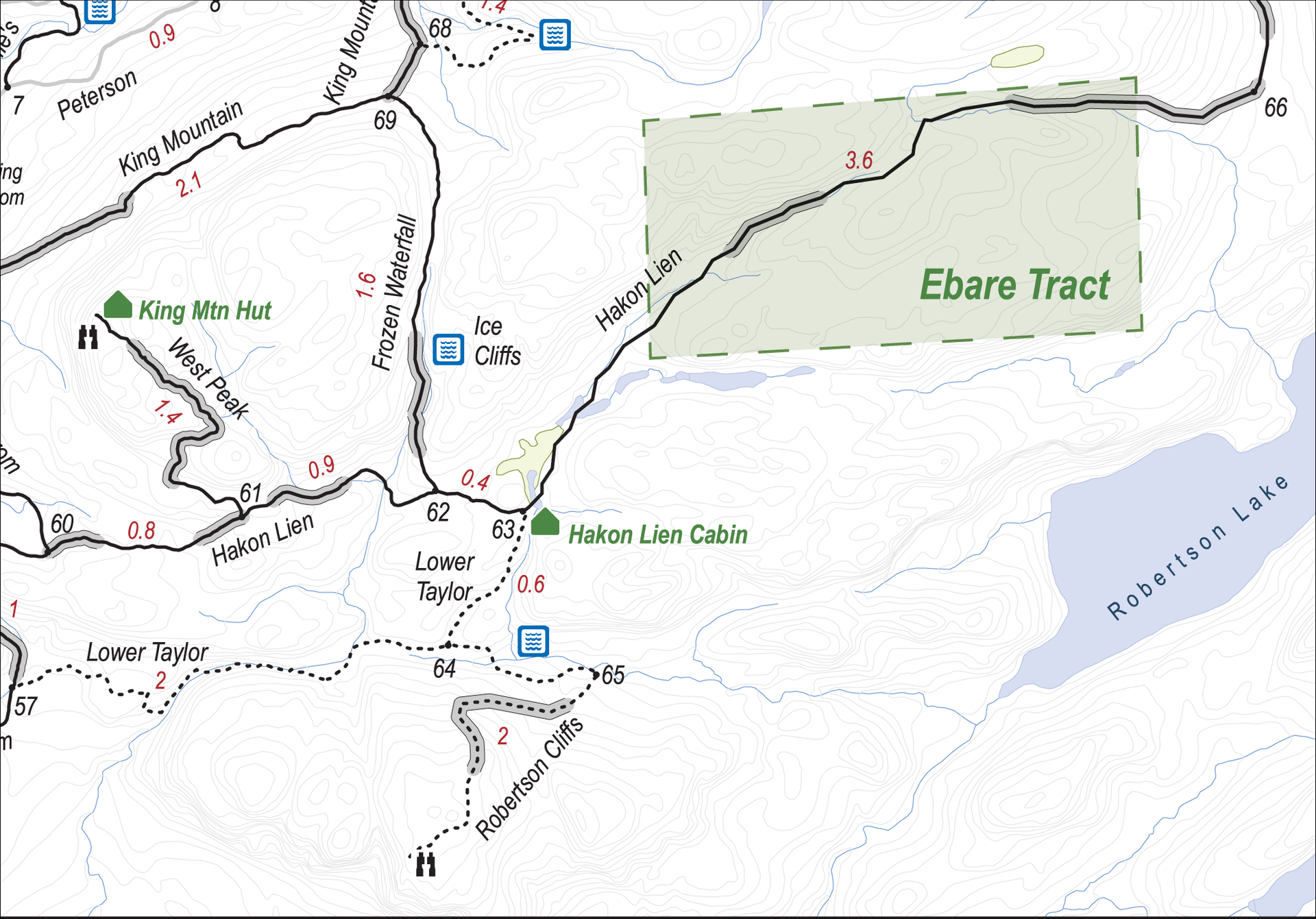 Map of trails, lakes, and the Ebare Tract area.