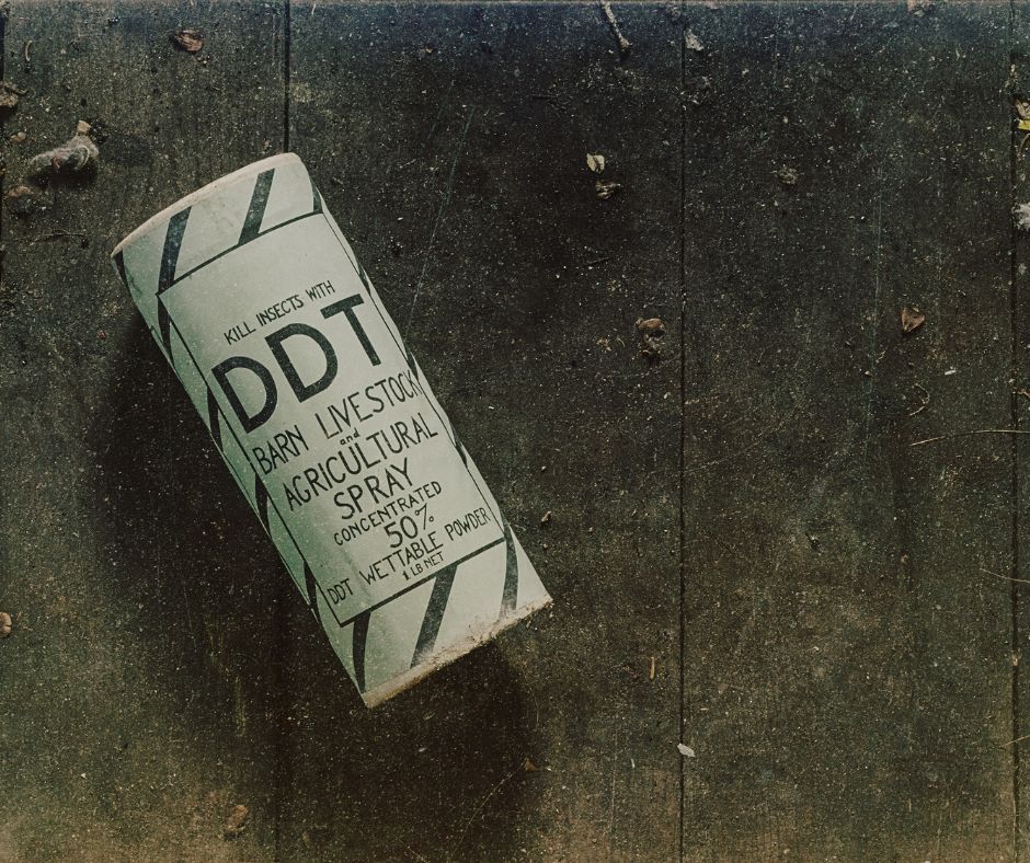 DDT spray can for barn livestock and agricultural use, on a dusty surface.