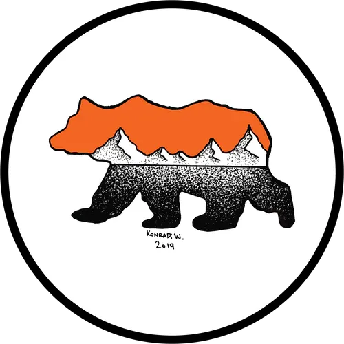 Stylized bear filled with orange, white, and black stripes inside a black circle