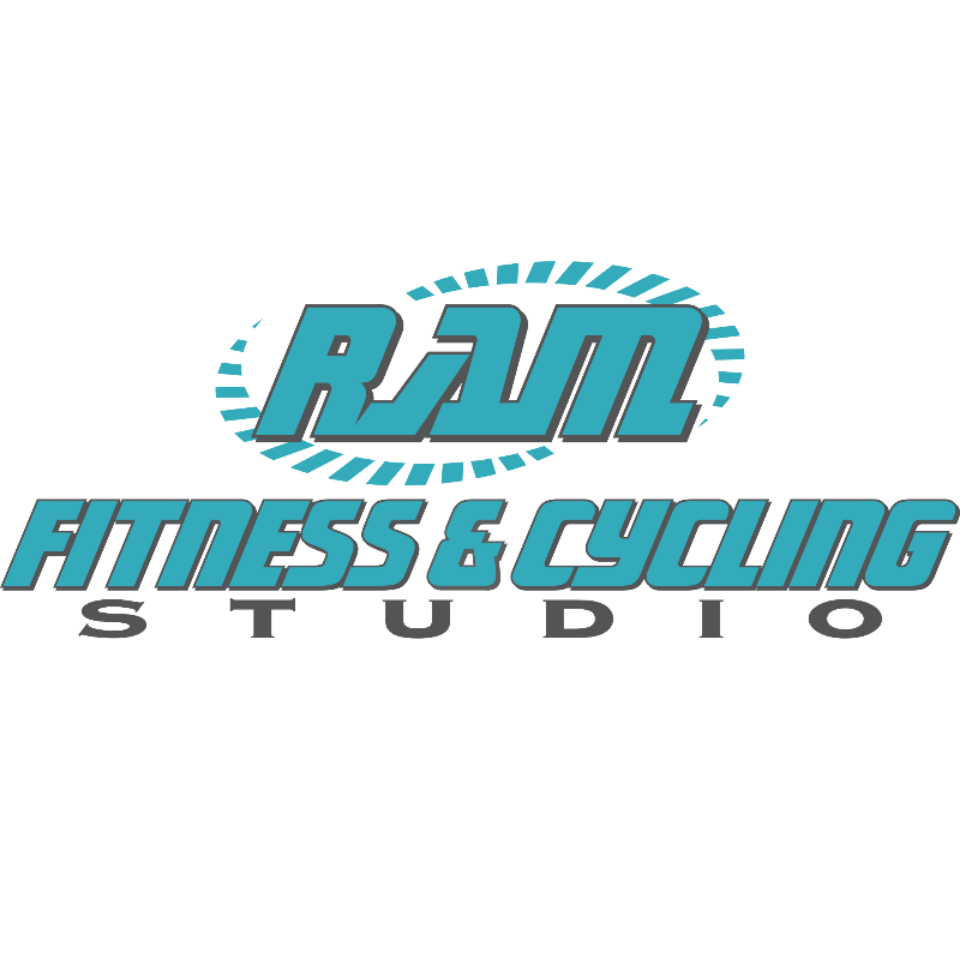Logo for RAM Fitness & Cycling Studio. Teal letters on white, text includes 