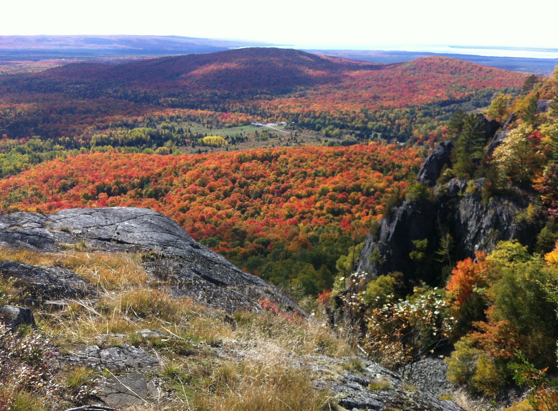 Autumn forest valley viewed from a rocky cliff, with red, orange, and green foliage under a clear sky
