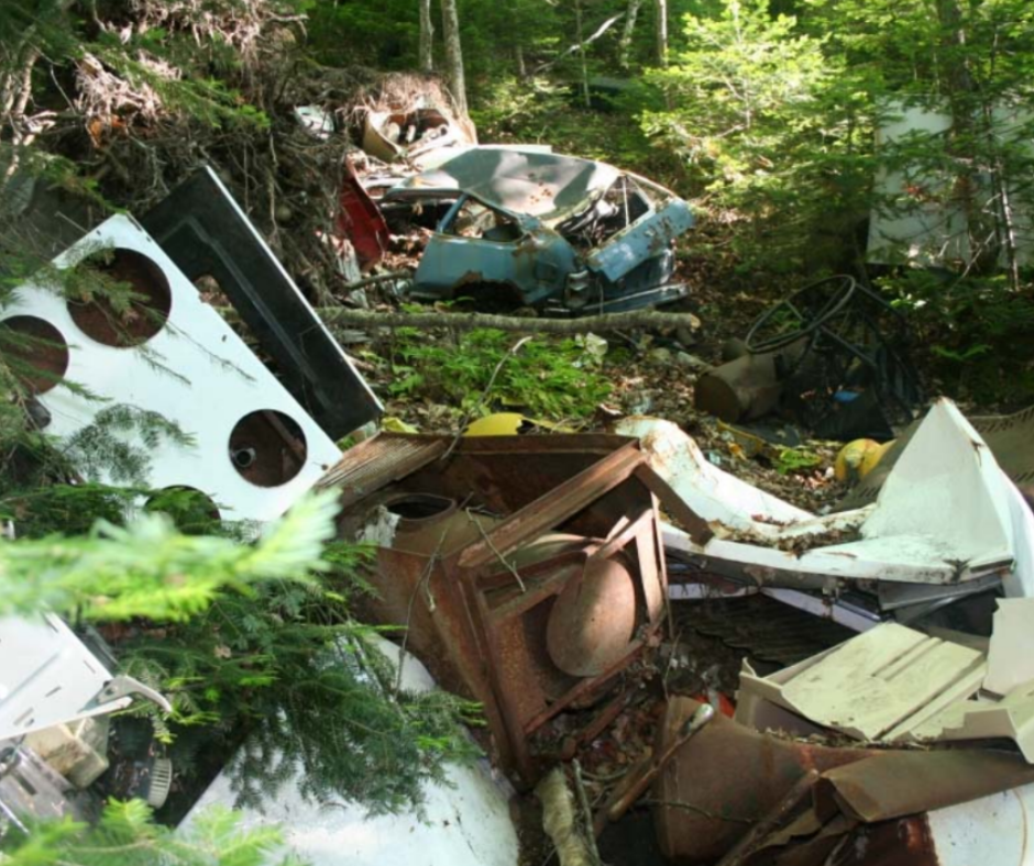 Junked furniture and debris scattered in a wooded area, including broken cabinet panels and a white washer door