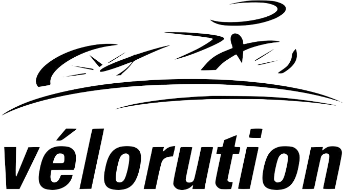 Black Velorution logo with stylized cyclist and swoosh lines above the word “vélorution”