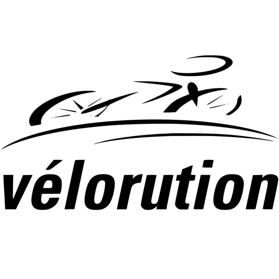Black logo of a cyclist on a bicycle above the word 