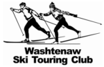 Two people cross-country skiing, with text