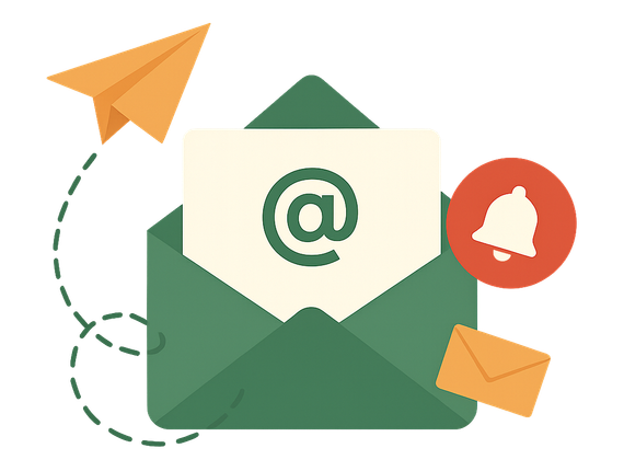 Email notification icon with envelope, paper plane, bell, and @ symbol in green, orange, and red