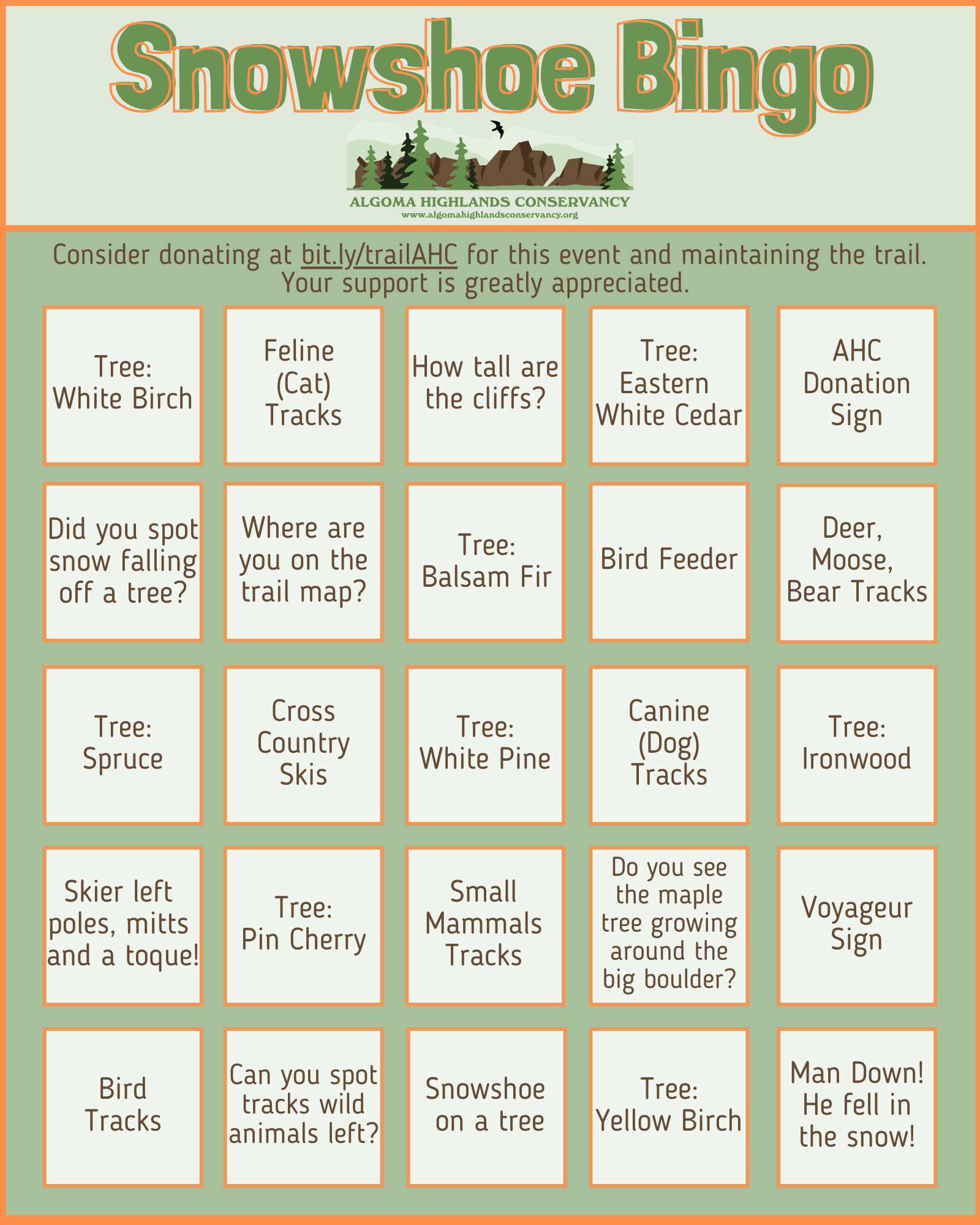 Snowshoe Bingo card with nature-related items like trees, tracks, and signs.
