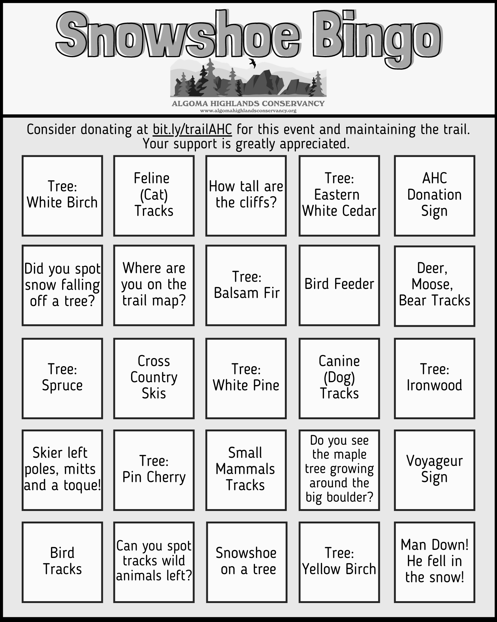 Snowshoe Bingo card with nature-themed challenges like spotting tracks and identifying trees.