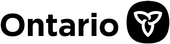 Ontario logo with black text and a circular black emblem on a white background