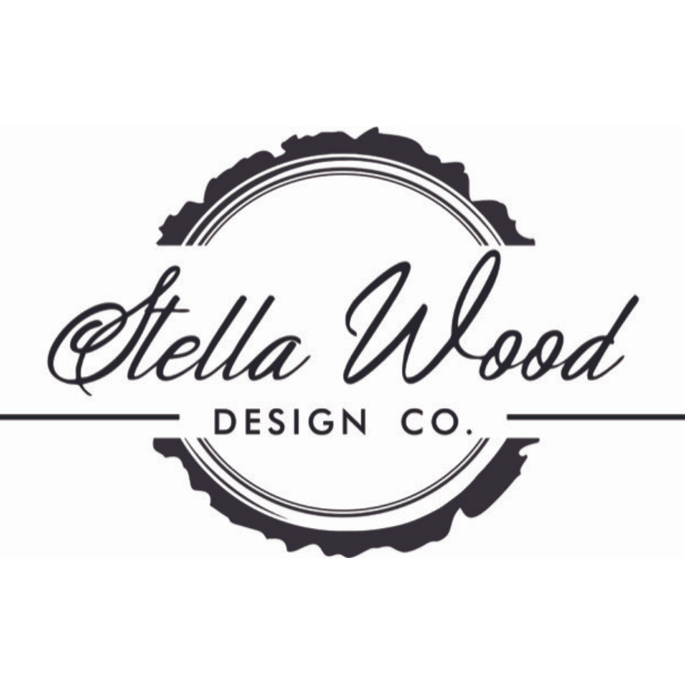 Logo for Stella Wood Design Co. featuring cursive text within a circular frame with woodgrain texture.