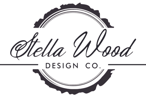 Stella Wood Design Co. logo in black and white with a circular decorative emblem and cursive text