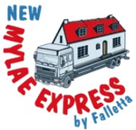 Logo della New Wales Express realizzato da Fallett, raffigurante un camion che trasporta una casa con il tetto rosso.