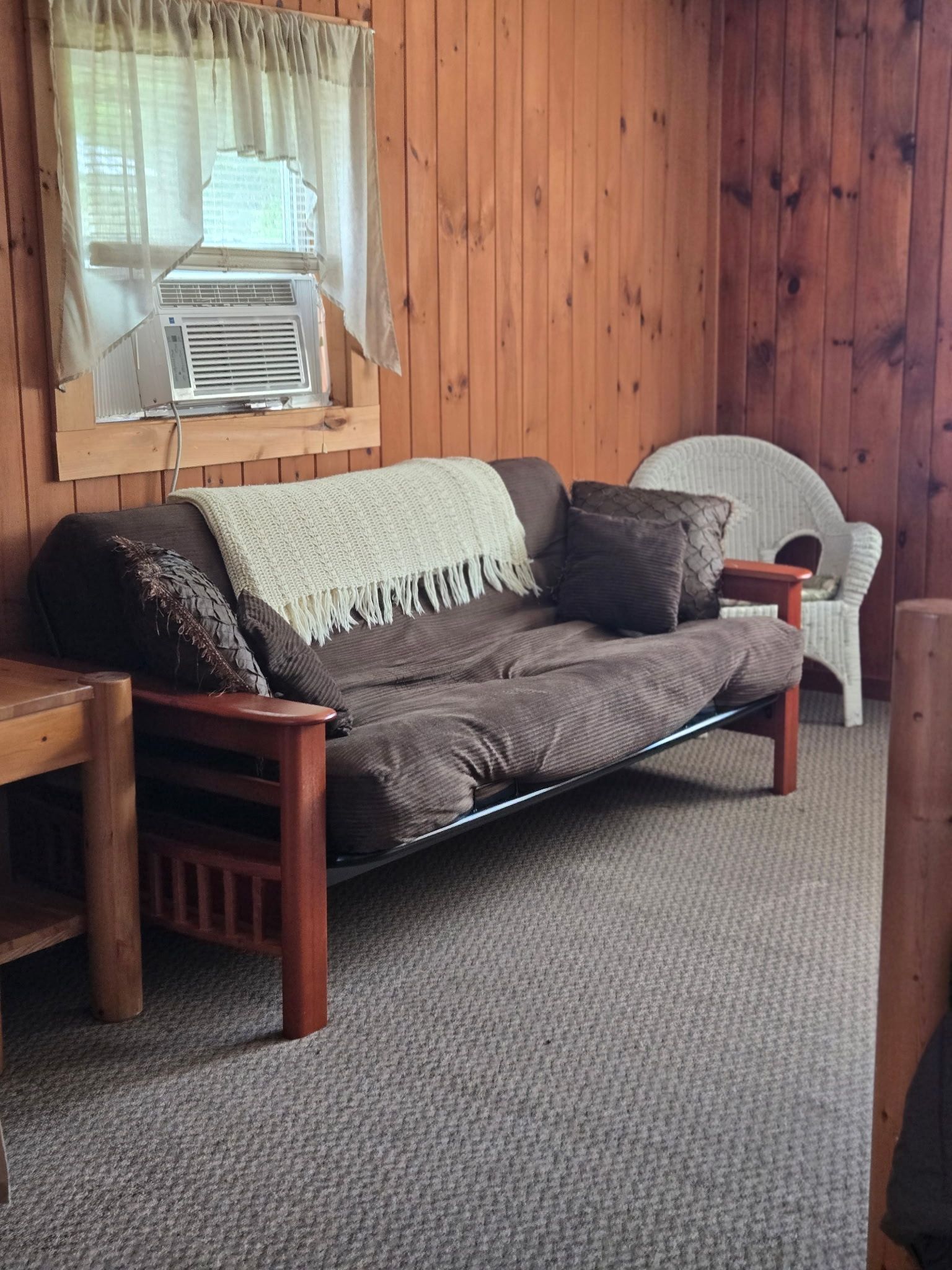 Wood-paneled living room with a futon, armchair, window air conditioner, and carpeted floor.