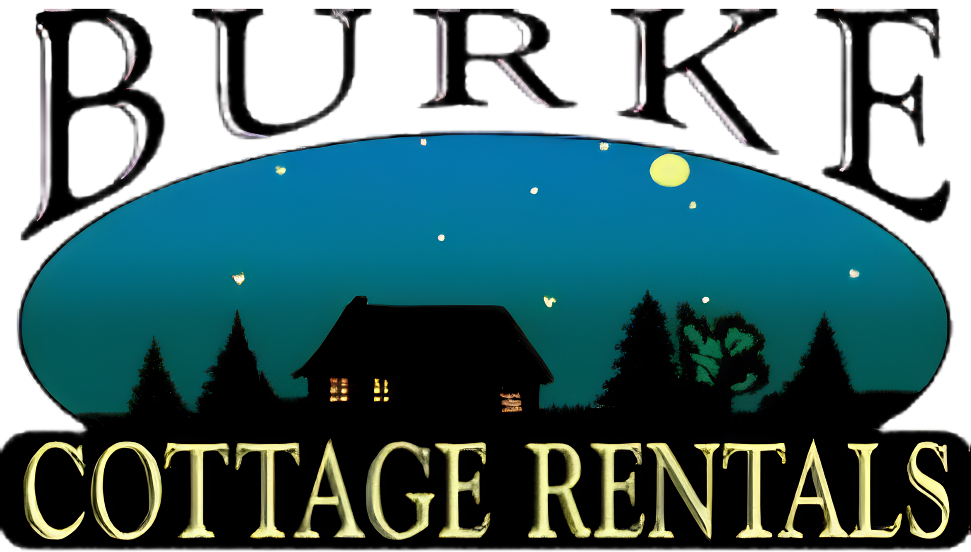 Burke Cottage Rentals logo with black cottages under a blue night sky and moon, gold text on white background