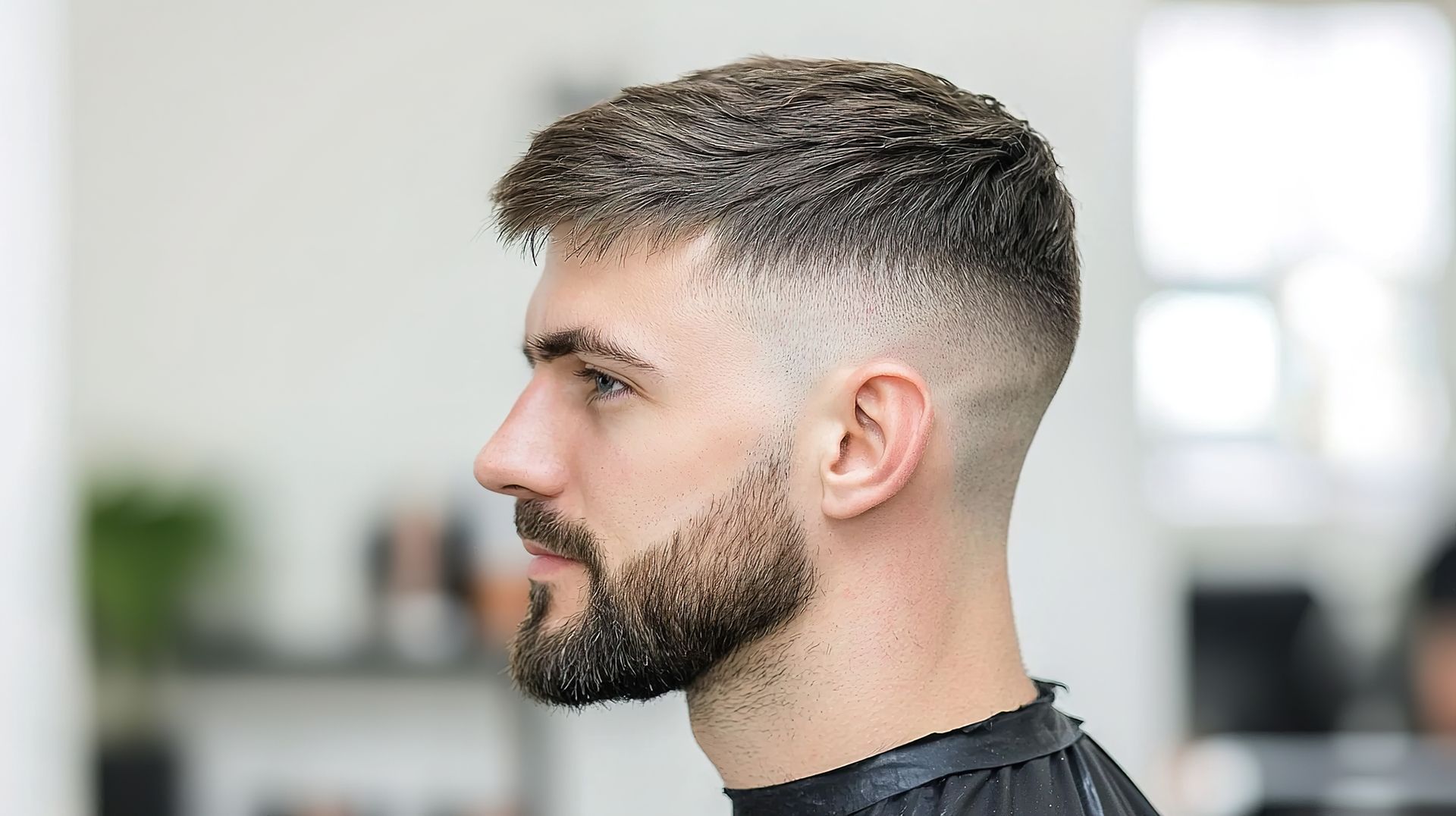 Side-profile of a man with a short fade haircut and beard in a blurred barbershop.