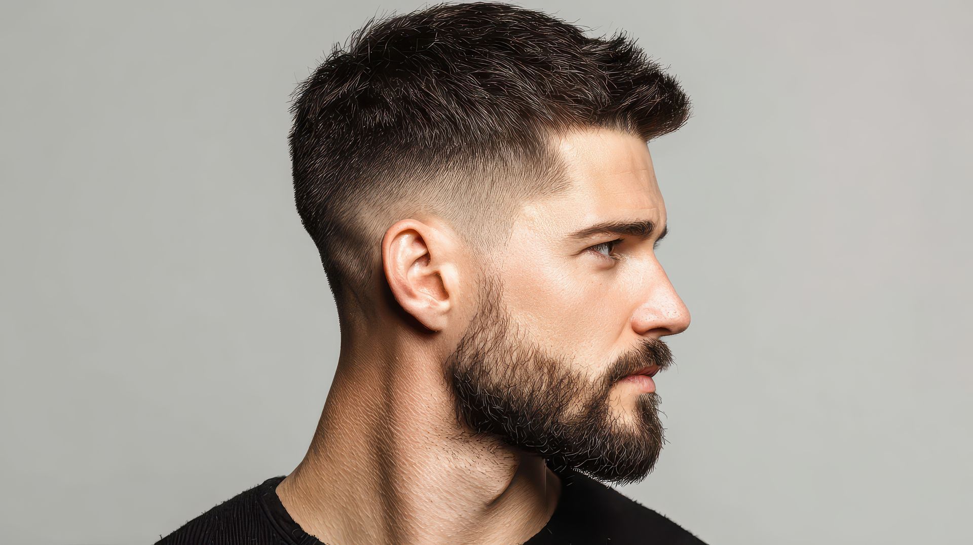 Side profile of a bearded man with short dark hair against a plain gray background