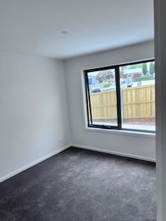 Empty room with grey carpet, white walls, black-framed window overlooking a wooden fence.