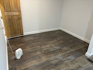 Empty room with dark wood-look floor, white walls, wooden door, and a small white space heater.